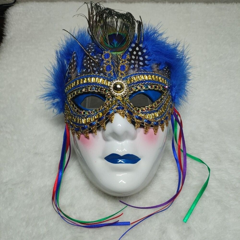 PRECIOUS PORCELAIN CERAMIC MASQUERADE MARDI GRAS FACE WALL MASK - REAL FEATHERS
